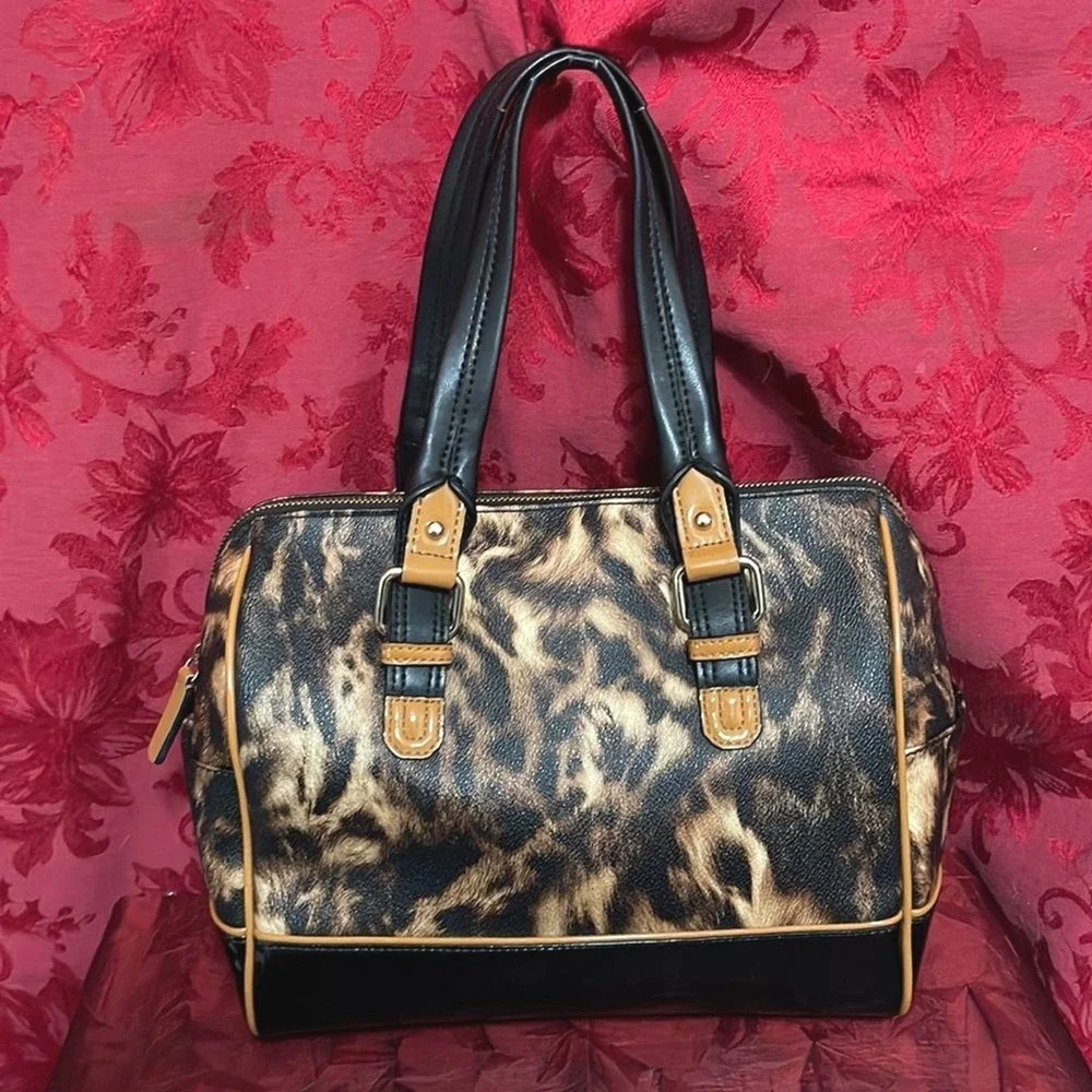 Calvin Klein Leopard Print Satchel Bag Black‎ Patent Trim Gold Hardware Handbag